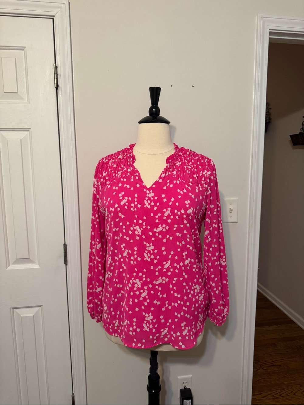 Bright Pink lined Printed V-Neck Peasant Blouse
